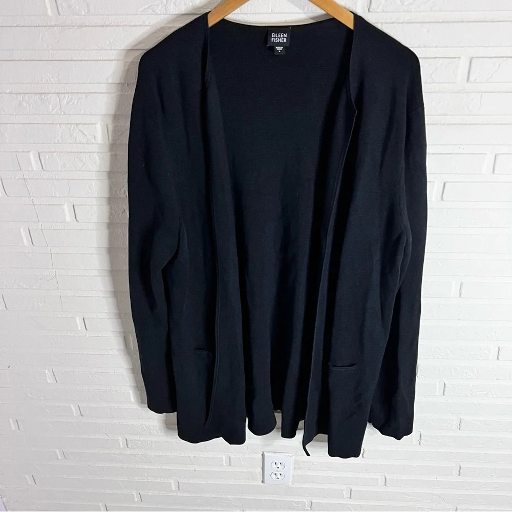 Eileen Fisher Black Open Stretch Silk Blend Long Cardigan, Women’s Size Large